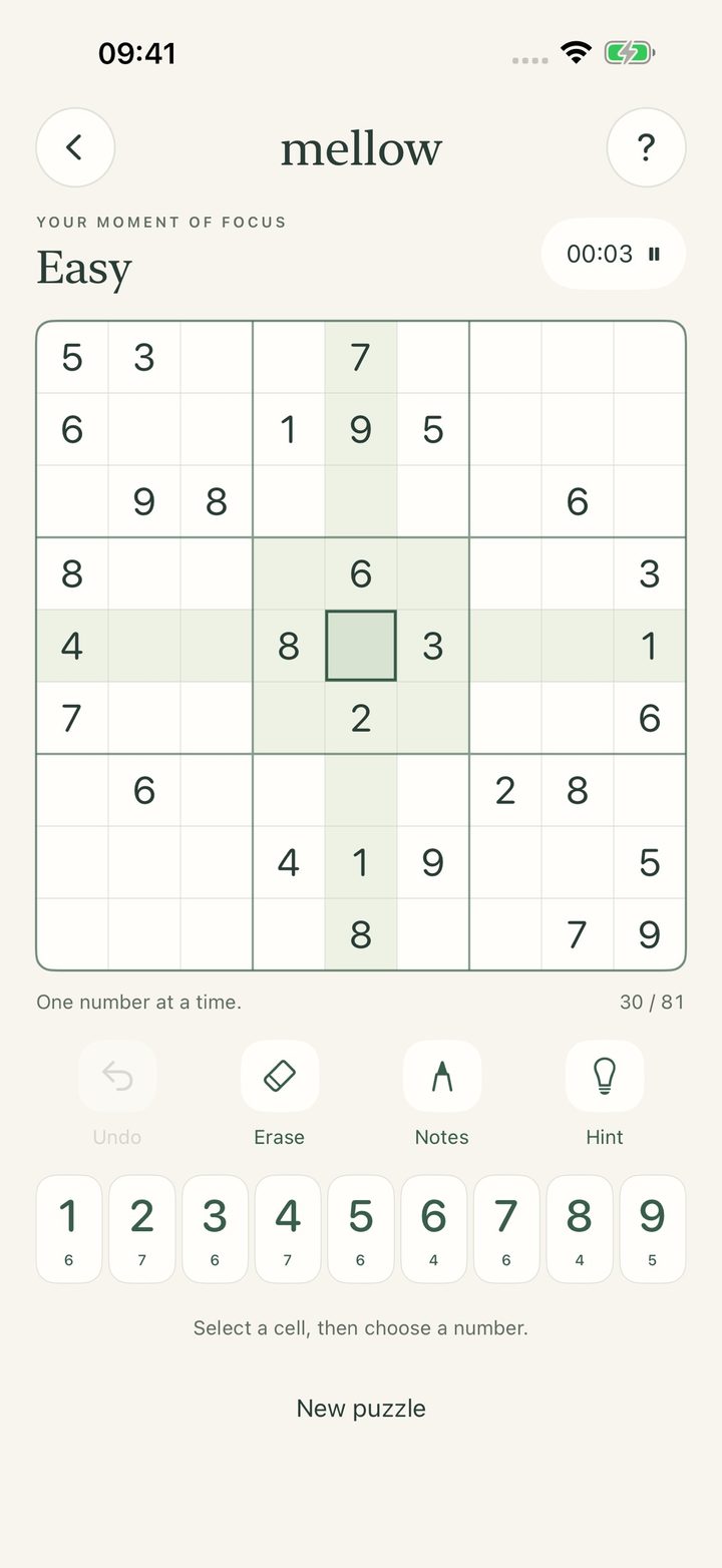 Mellow Sudoku, an easy puzzle in progress