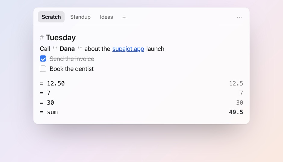 SupaJot, a note with a checklist and a column of numbers summed