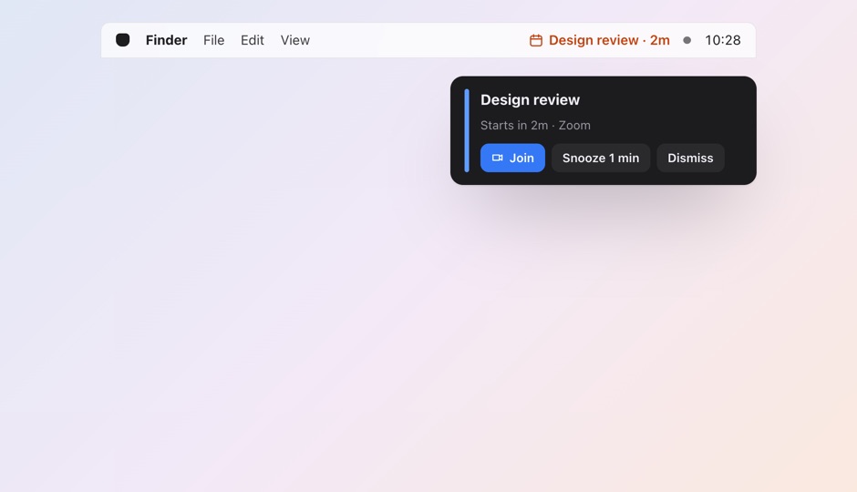 SupaNext, a meeting reminder under the menu bar with a Join button